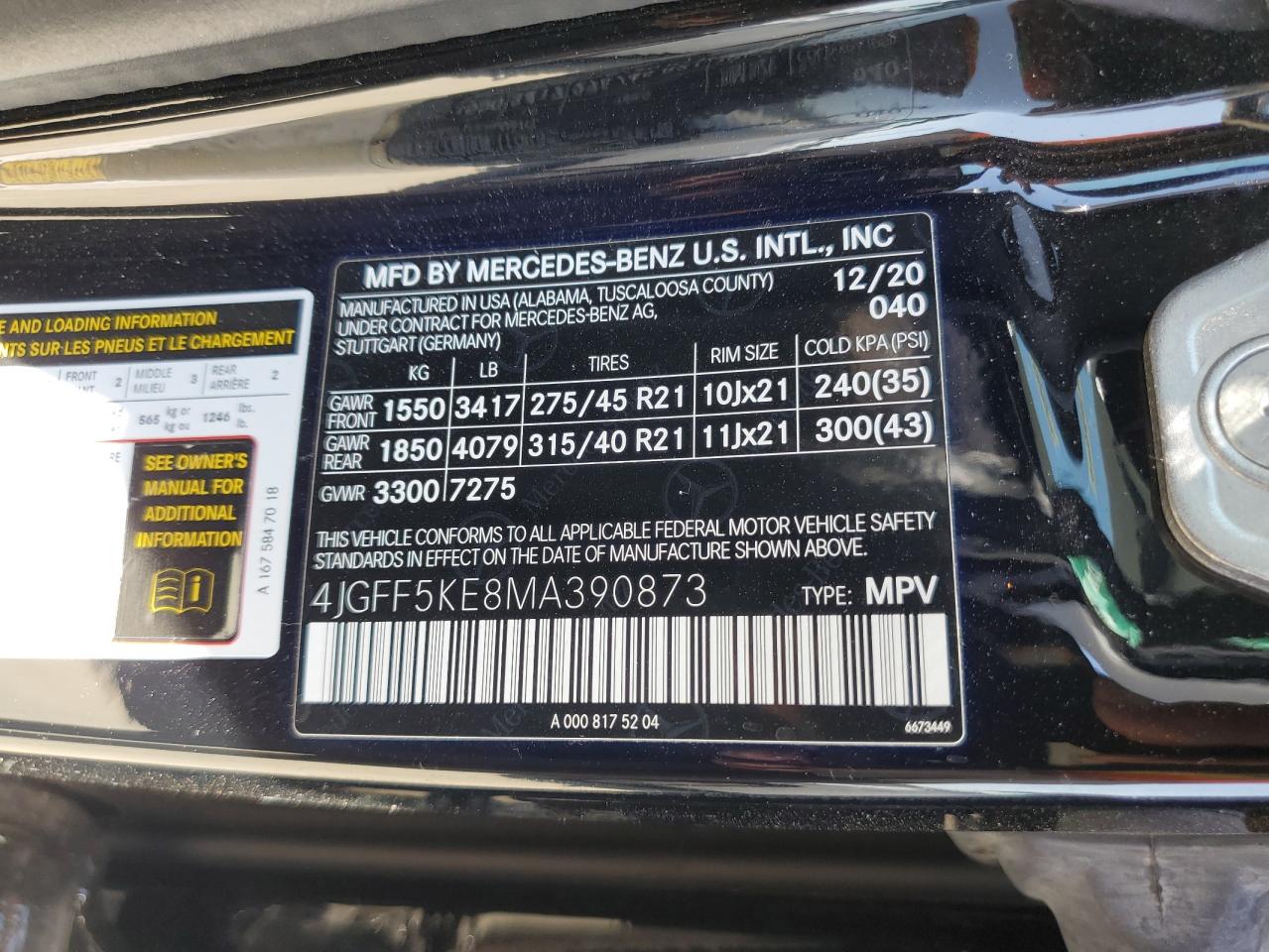 2021 Mercedes-Benz Gls 450 4Matic VIN: 4JGFF5KE8MA390873 Lot: 58944395