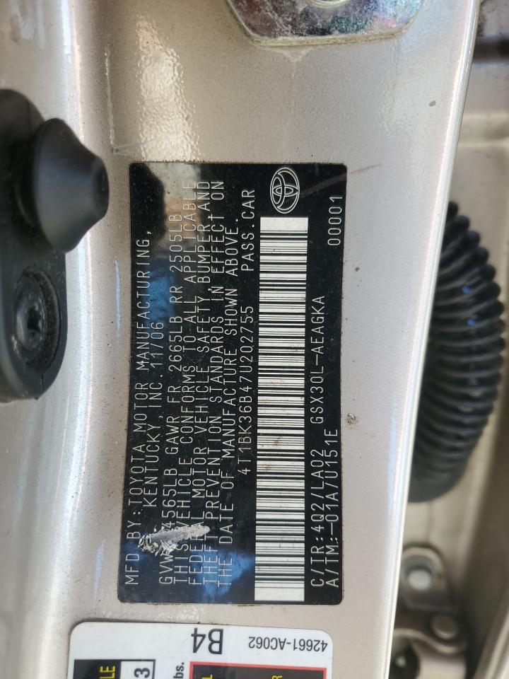 2007 Toyota Avalon Xl VIN: 4T1BK36B47U202755 Lot: 57985485