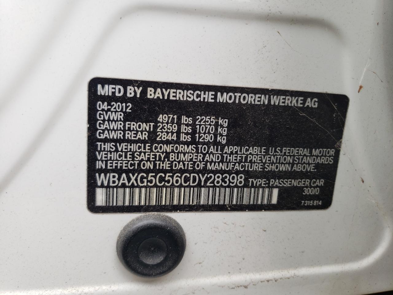 2012 BMW 528 I VIN: WBAXG5C56CDY28398 Lot: 58225885