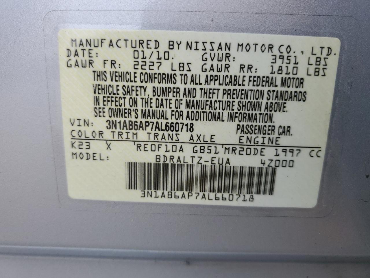 2010 Nissan Sentra 2.0 VIN: 3N1AB6AP7AL660718 Lot: 56874035