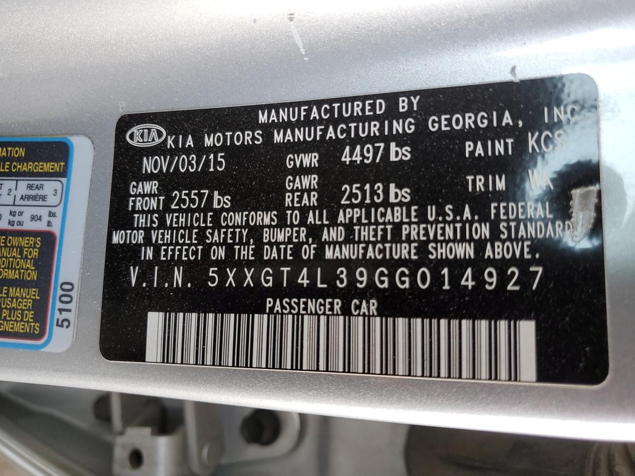 2016 Kia Optima Lx VIN: 5XXGT4L39GG014927 Lot: 57224685