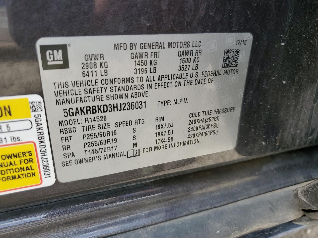 2017 Buick Enclave VIN: 5GAKRBKD3HJ236031 Lot: 56149705