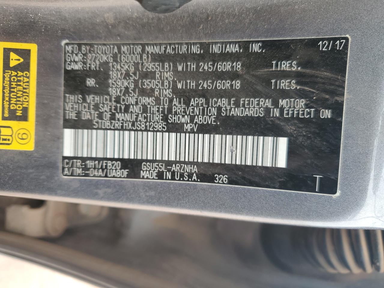 2018 Toyota Highlander Le VIN: 5TDBZRFHXJS812985 Lot: 58732535