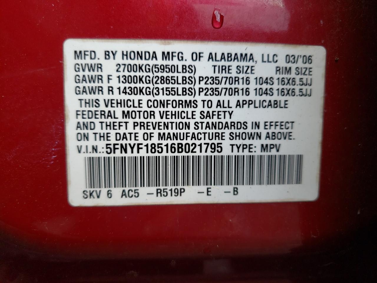 2006 Honda Pilot Ex VIN: 5FNYF18516B021795 Lot: 55499805