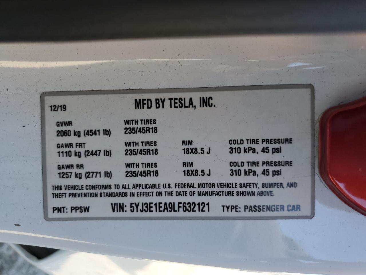 2020 Tesla Model 3 VIN: 5YJ3E1EA9LF632121 Lot: 55801125