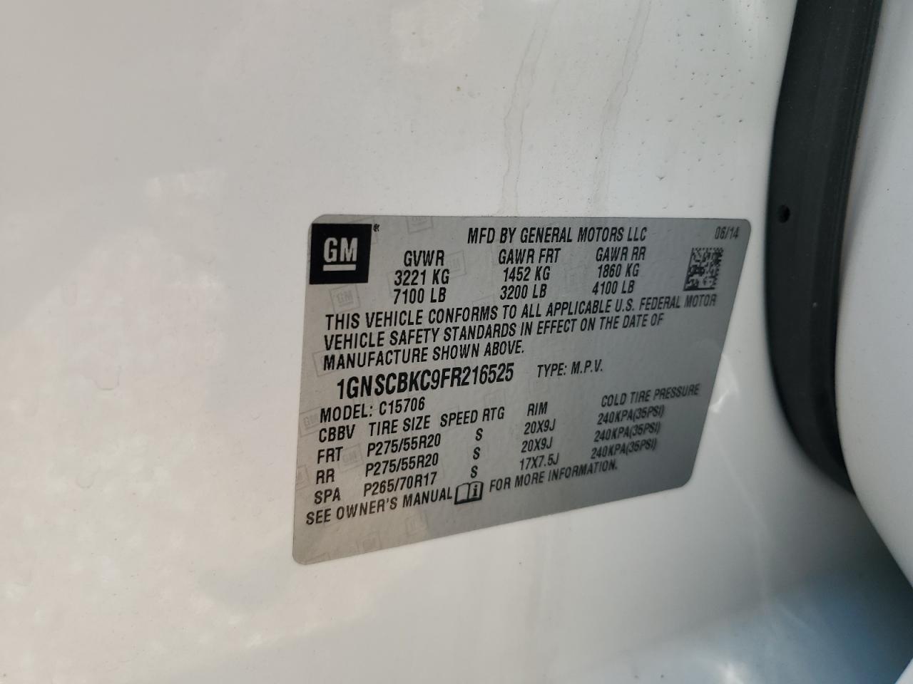 2015 Chevrolet Tahoe C1500 Lt VIN: 1GNSCBKC9FR216525 Lot: 55747815