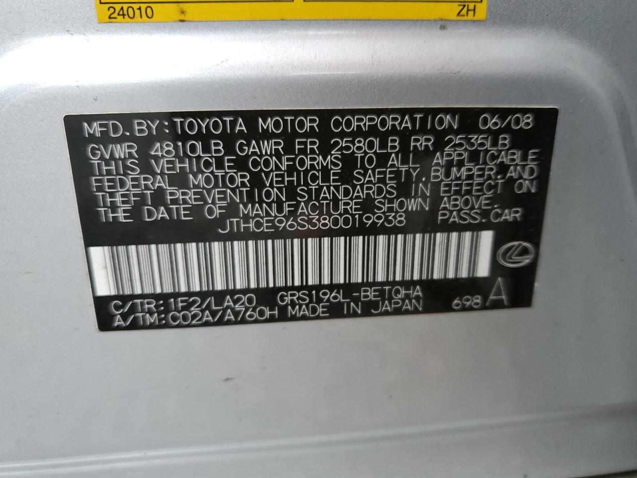 2008 Lexus Gs 350 VIN: JTHCE96S380019938 Lot: 56530735