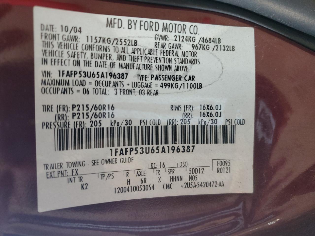 2005 Ford Taurus Se VIN: 1FAFP53U65A196387 Lot: 55882035
