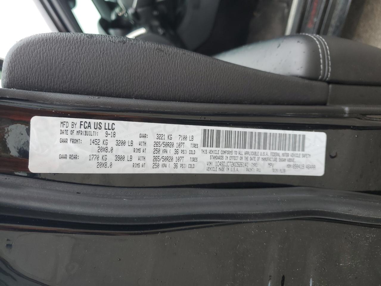 2019 Dodge Durango R/T VIN: 1C4SDJCT2KC526141 Lot: 52827255