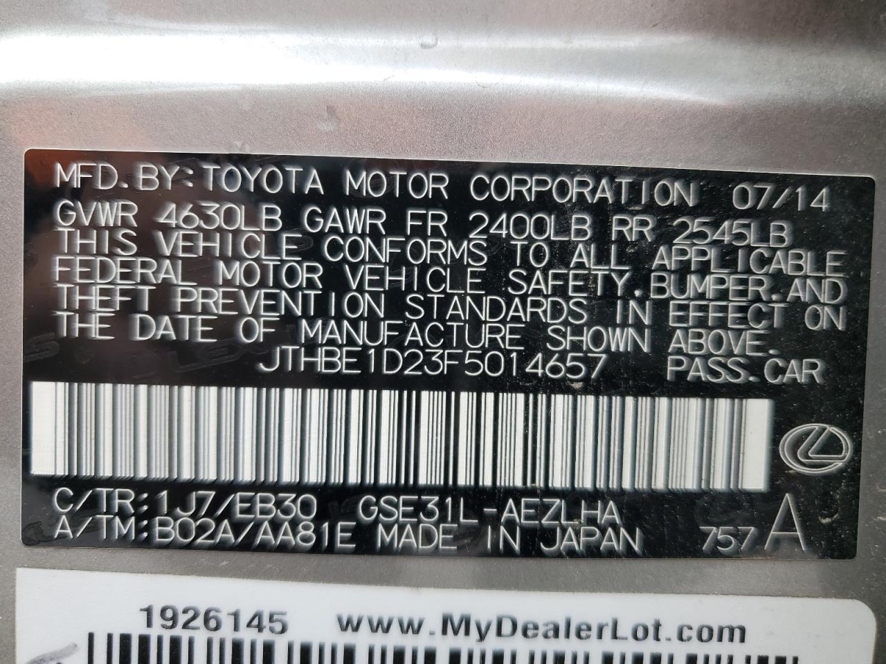 2015 Lexus Is 350 VIN: JTHBE1D23F5014657 Lot: 55315215