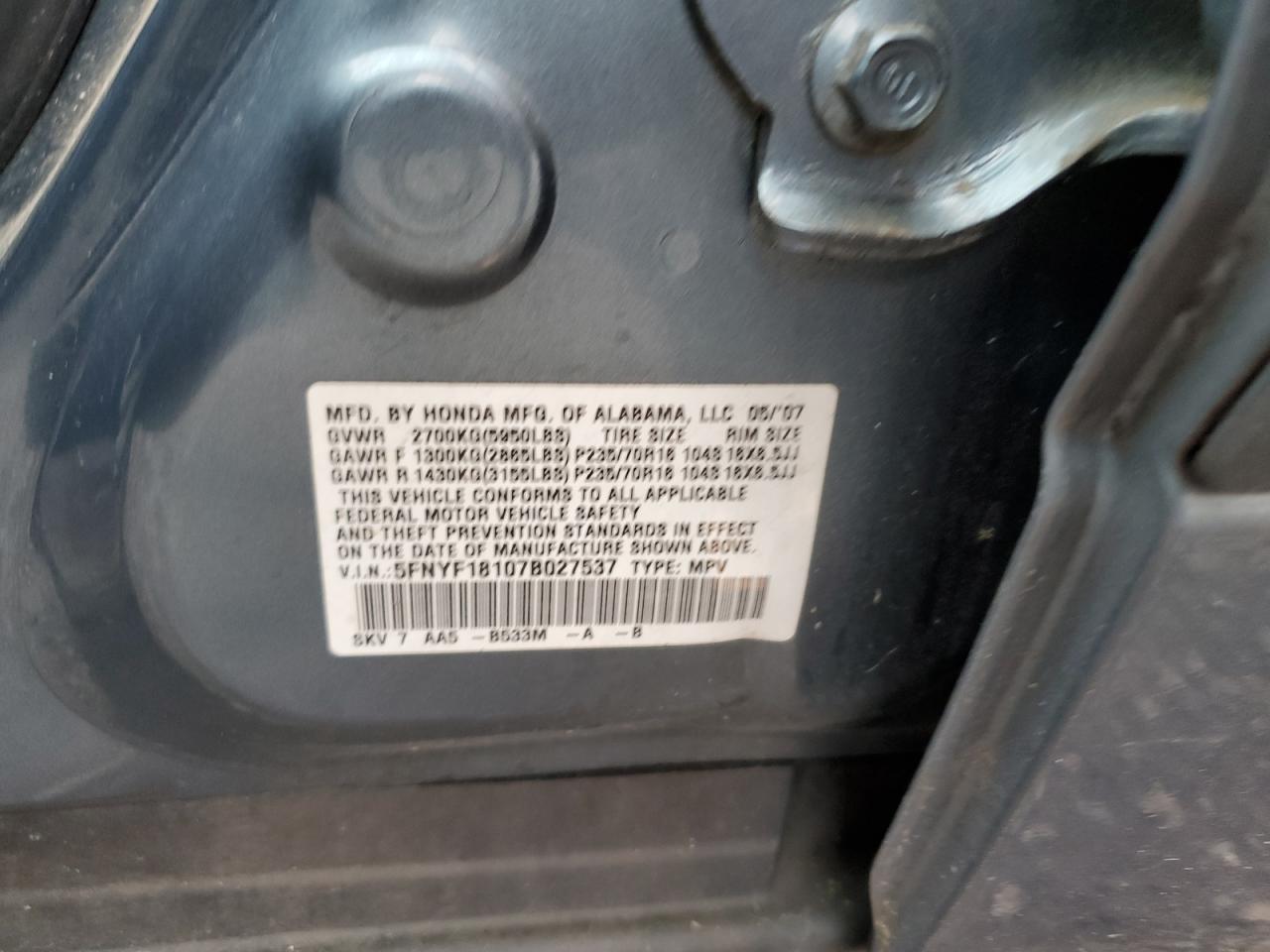 2007 Honda Pilot Lx VIN: 5FNYF18107B027537 Lot: 58220225