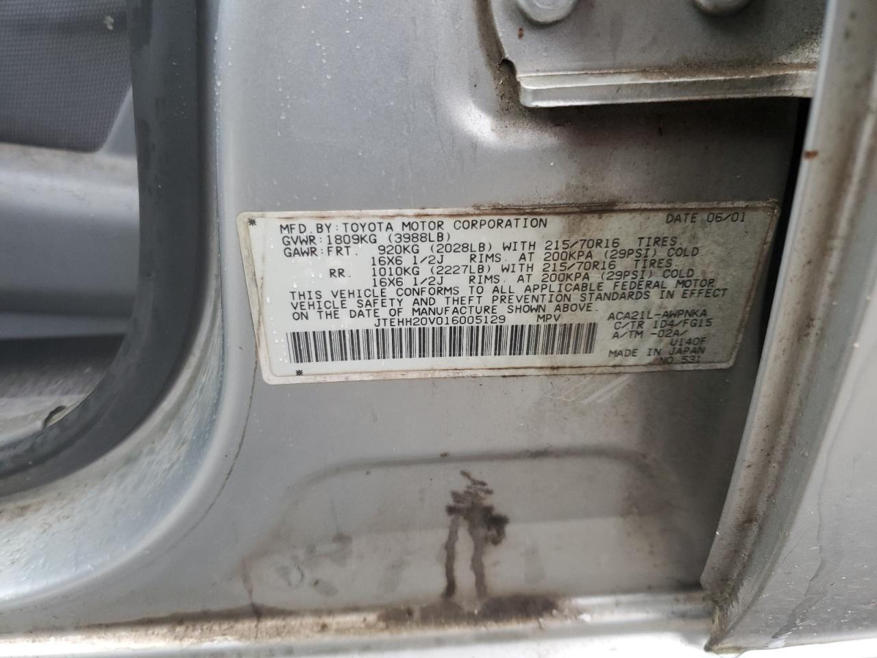 2001 Toyota Rav4 VIN: JTEHH20V016005129 Lot: 56857615