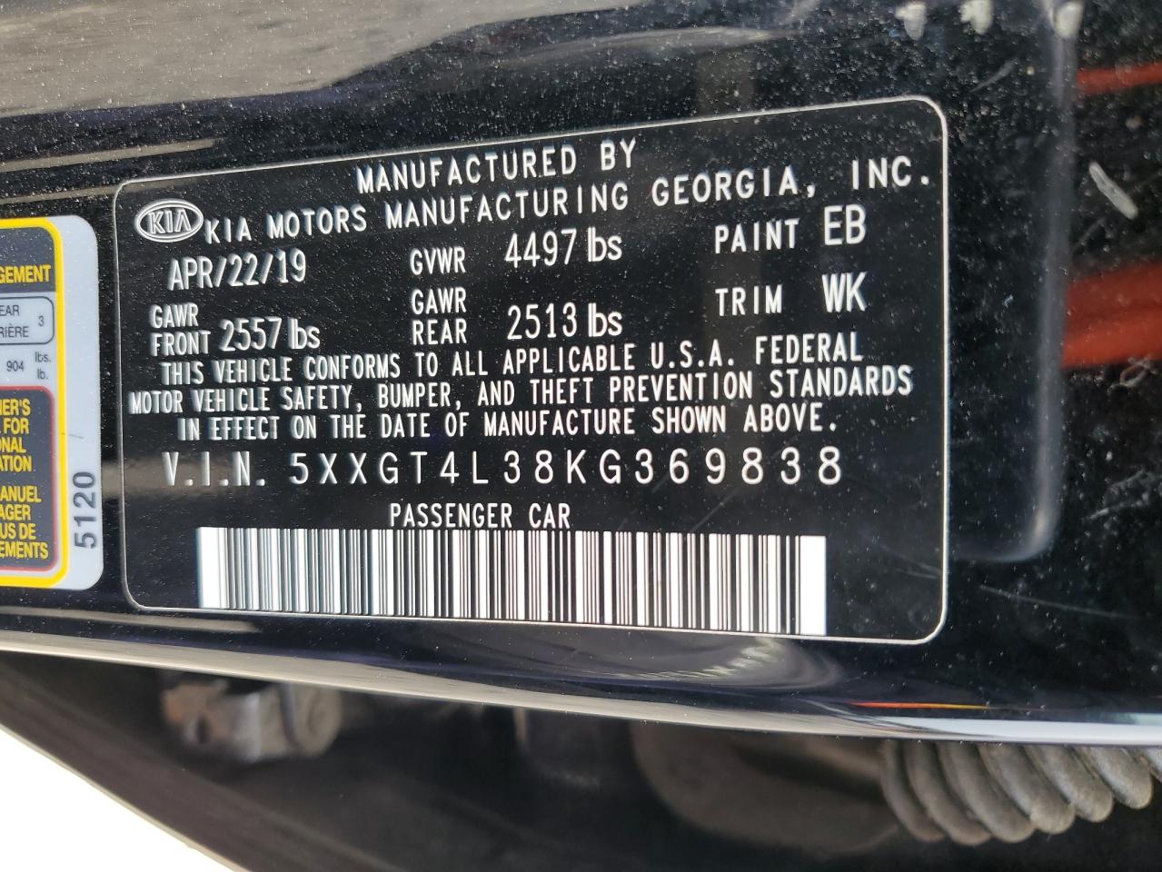 2019 Kia Optima Lx VIN: 5XXGT4L38KG369838 Lot: 57212725