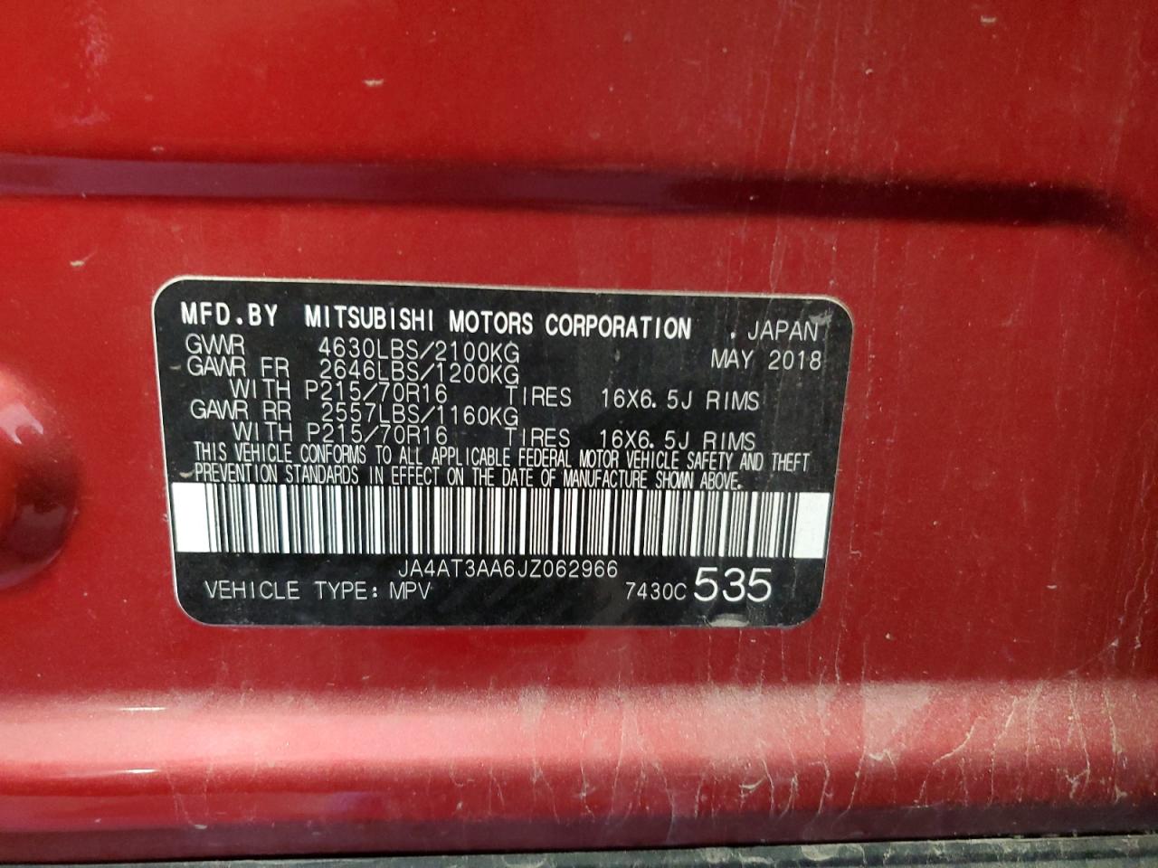 2018 Mitsubishi Eclipse Cross Es VIN: JA4AT3AA6JZ062966 Lot: 56390735