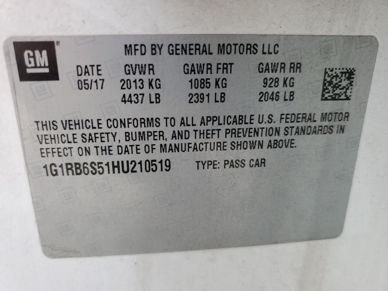 2017 Chevrolet Volt Premier VIN: 1G1RB6S51HU210519 Lot: 56892175