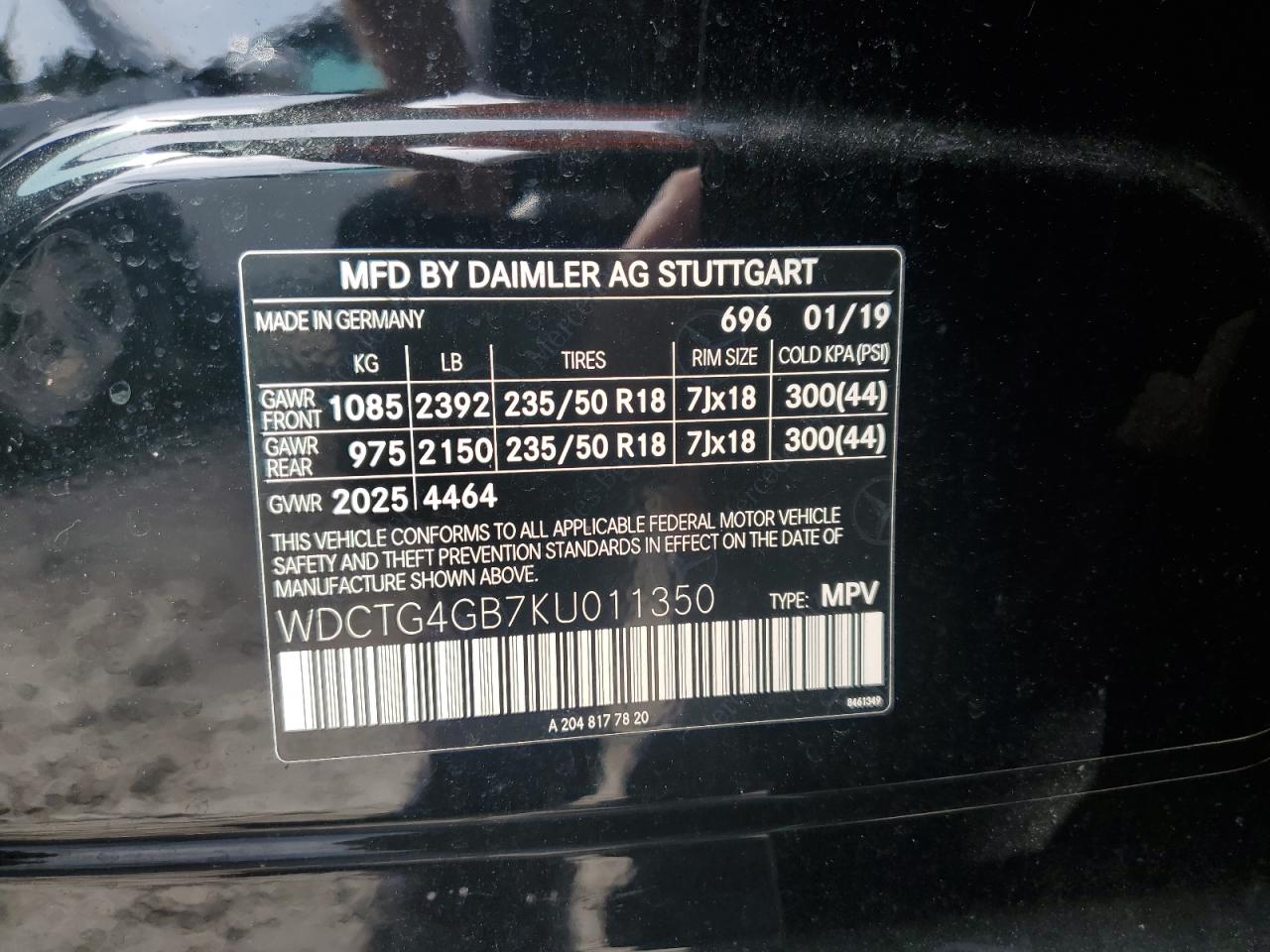2019 Mercedes-Benz Gla 250 4Matic VIN: WDCTG4GB7KU011350 Lot: 56750495