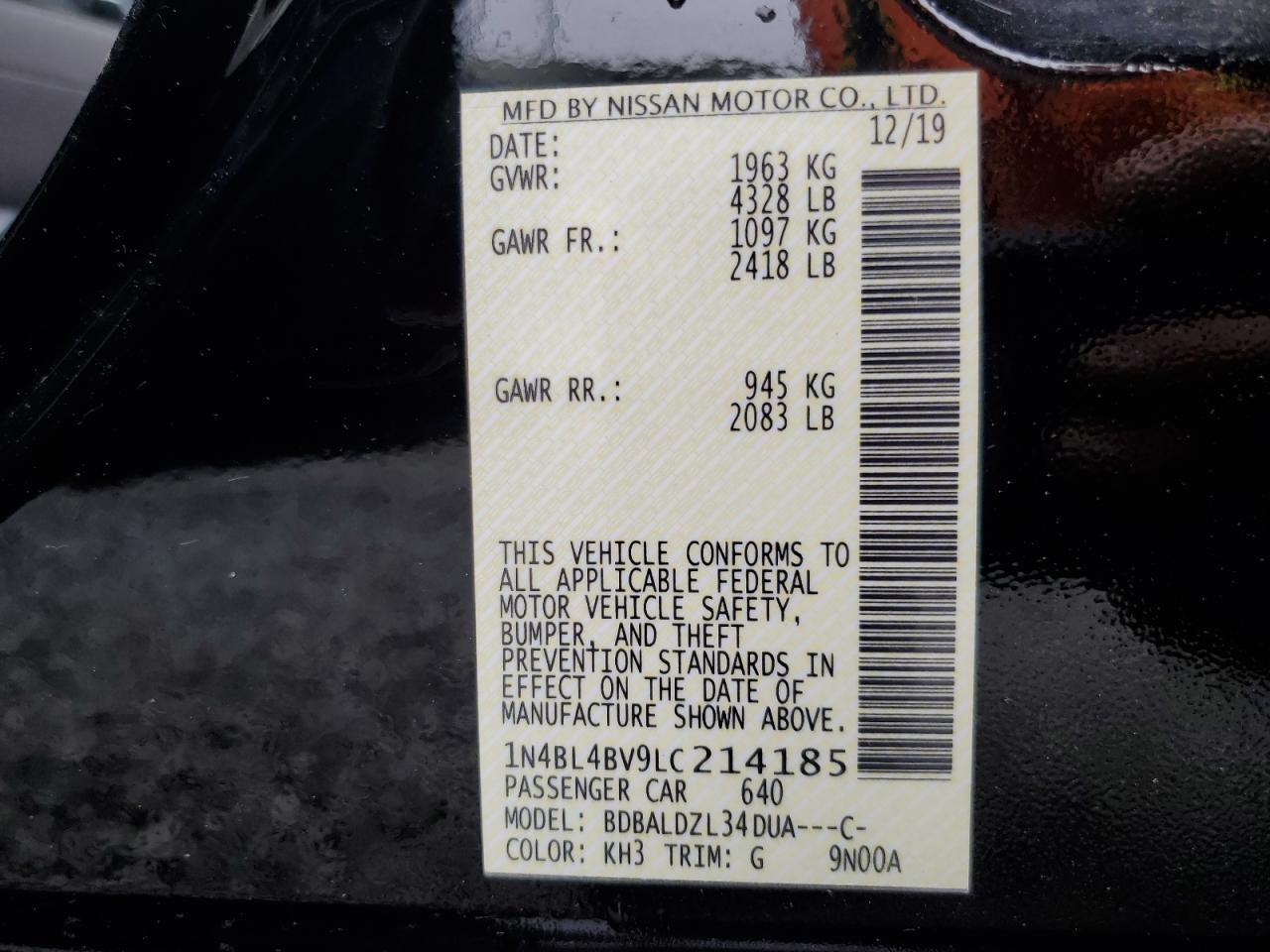 2020 Nissan Altima S VIN: 1N4BL4BV9LC214185 Lot: 56928125