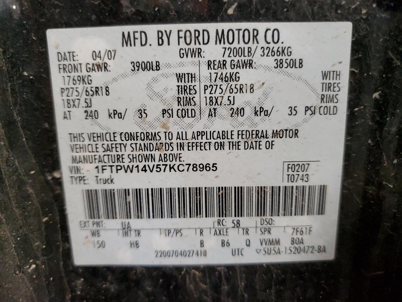 2007 Ford F150 Supercrew VIN: 1FTPW14V57KC78965 Lot: 55831035