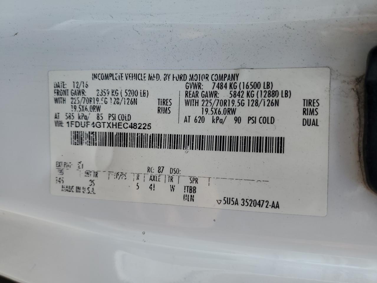 2017 Ford F450 Super Duty VIN: 1FDUF4GTXHEC48225 Lot: 65520025