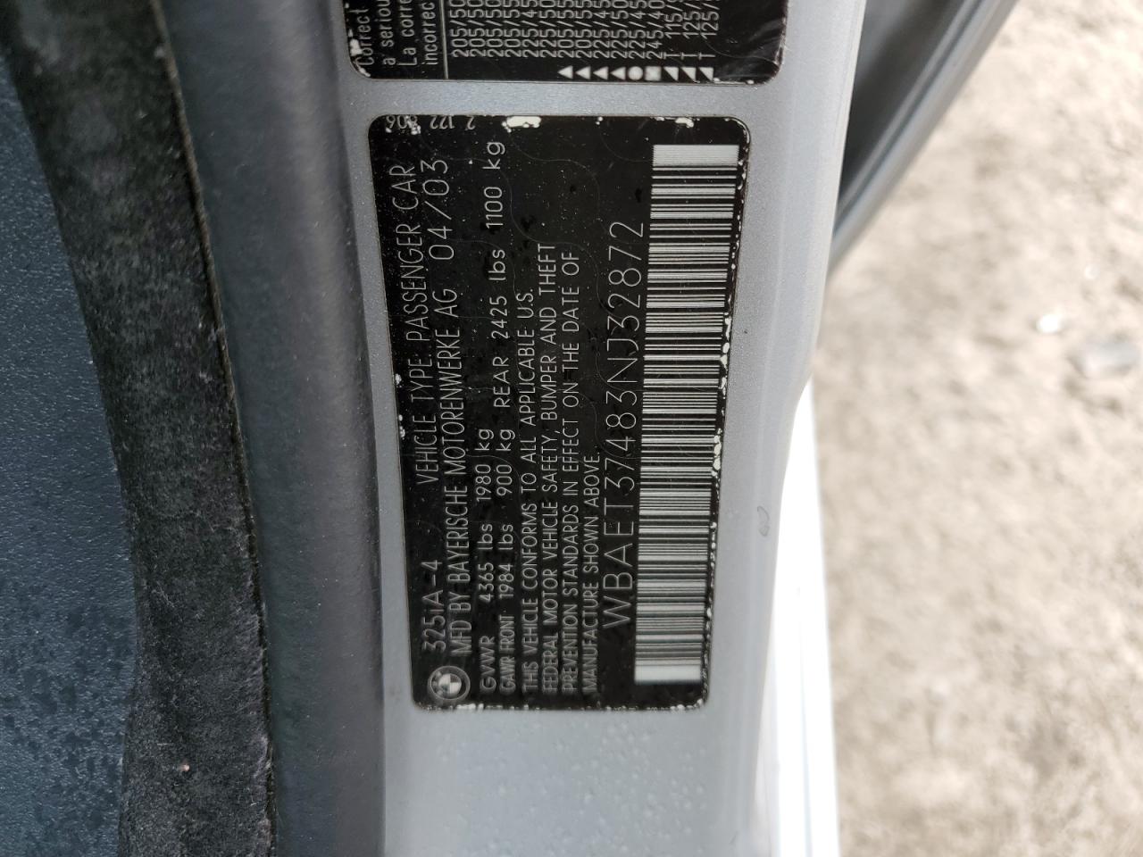 2003 BMW 325 I VIN: WBAET37483NJ32872 Lot: 56915605