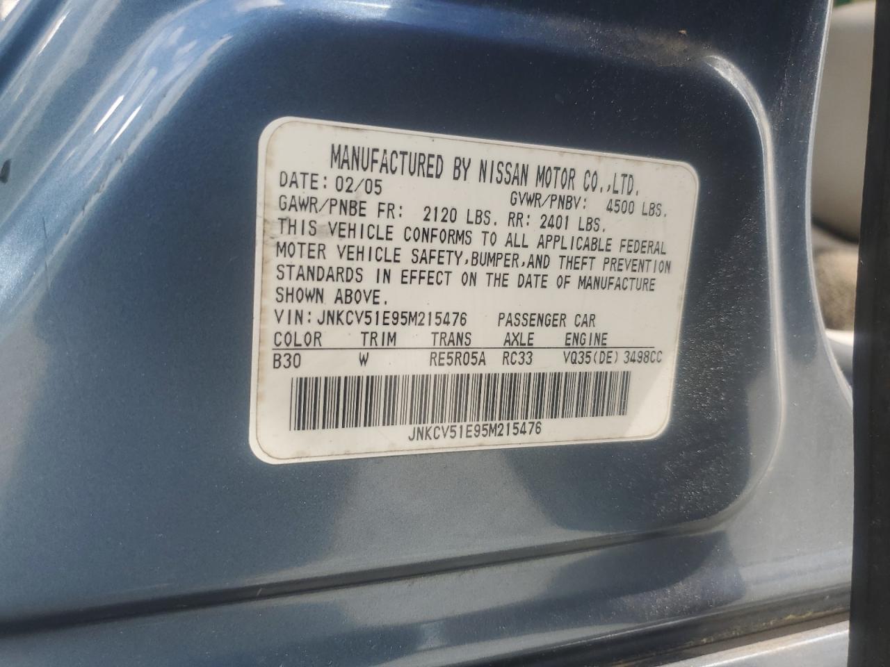 2005 Infiniti G35 VIN: JNKCV51E95M215476 Lot: 56551955