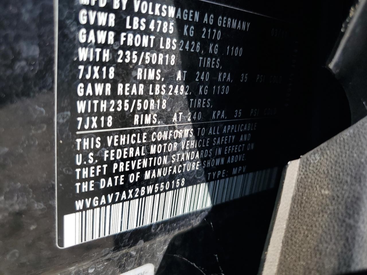 2011 Volkswagen Tiguan S VIN: WVGAV7AX2BW550158 Lot: 57649235