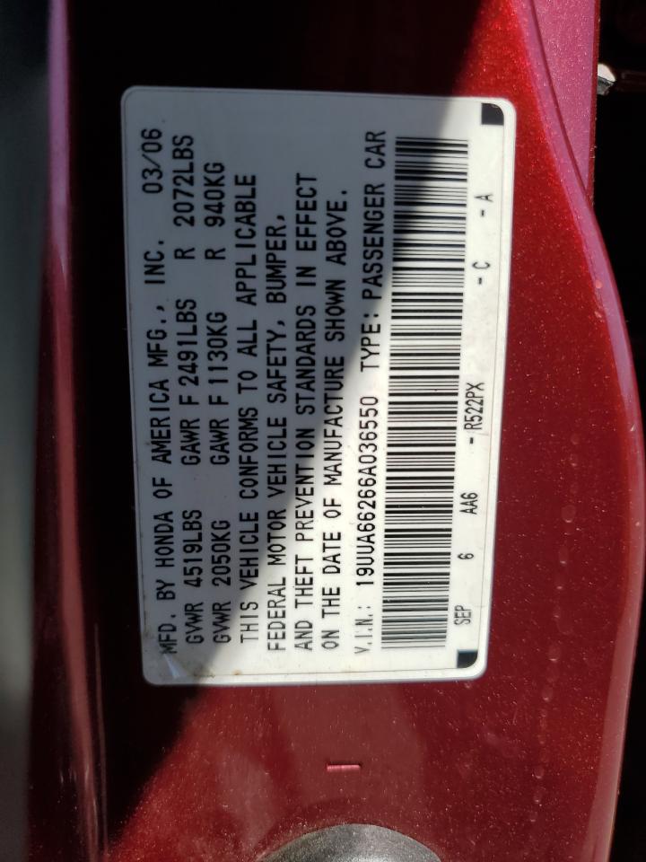 2006 Acura 3.2Tl VIN: 19UUA66266A036550 Lot: 56641865