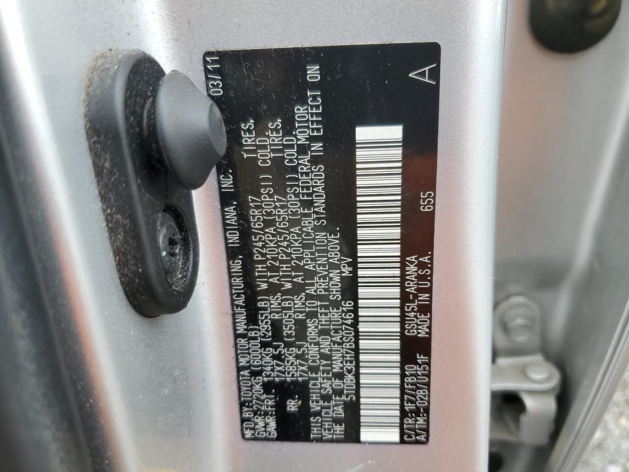 2011 Toyota Highlander Base VIN: 5TDBK3EH7BS074616 Lot: 55804595