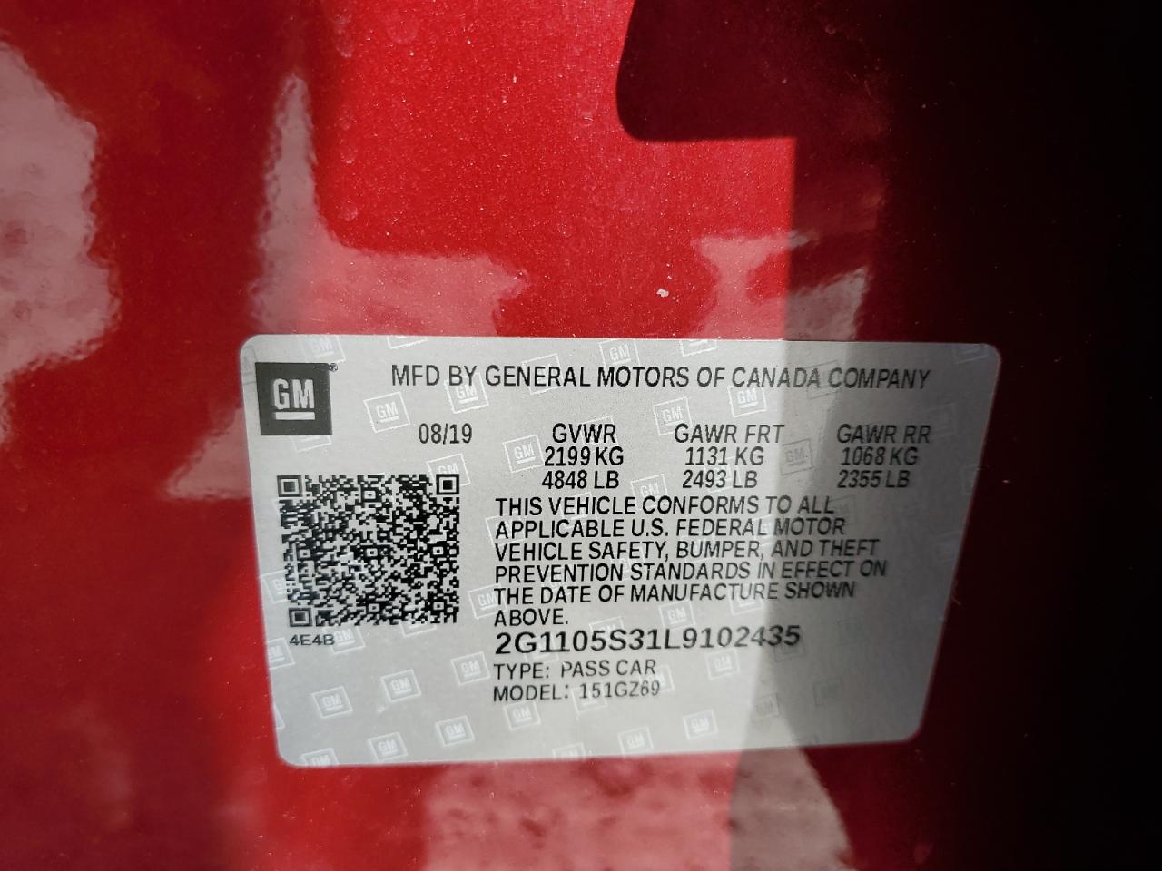 2020 Chevrolet Impala Premier VIN: 2G1105S31L9102435 Lot: 56831235