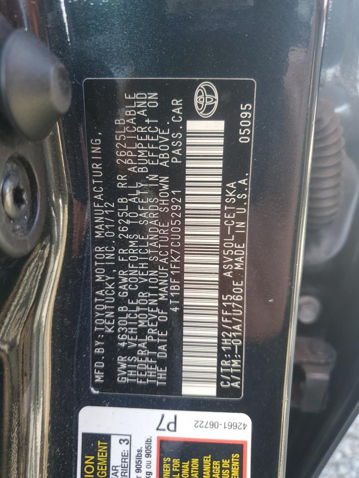 2012 Toyota Camry Base VIN: 4T1BF1FK7CU052921 Lot: 57104835