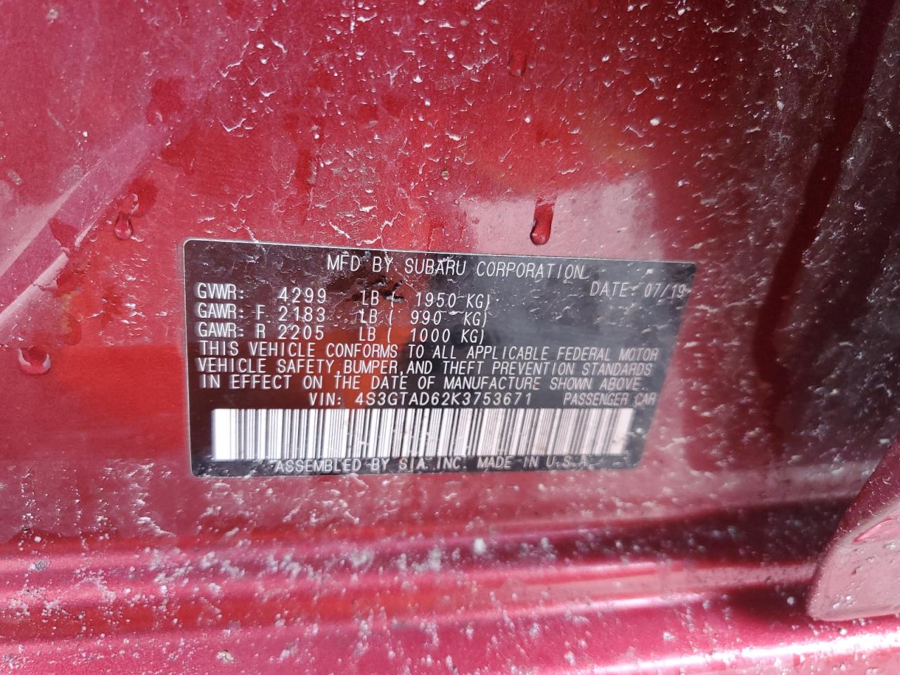 2019 Subaru Impreza Premium VIN: 4S3GTAD62K3753671 Lot: 83794455