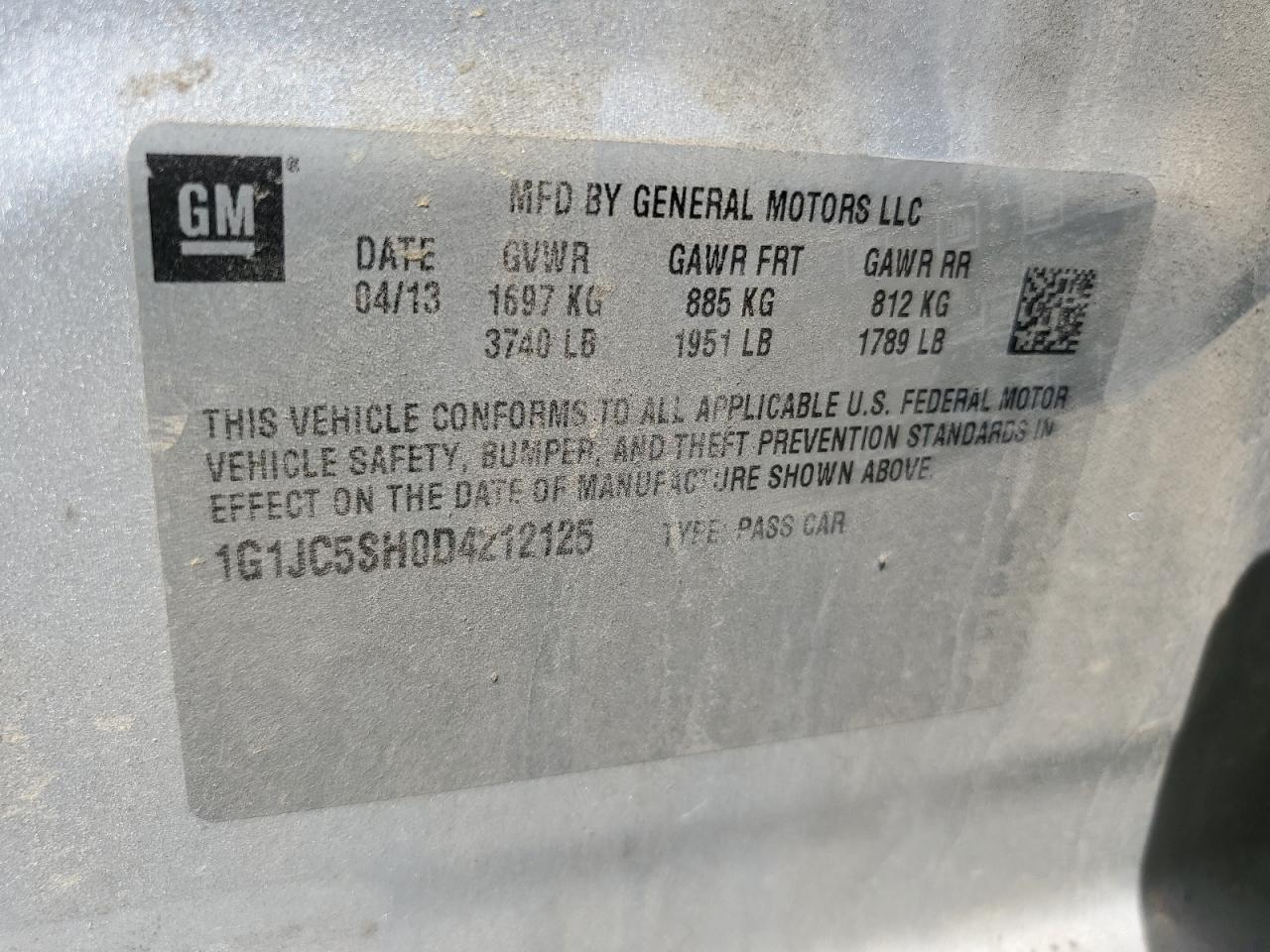 2013 Chevrolet Sonic Lt VIN: 1G1JC5SH0D4212125 Lot: 56996935