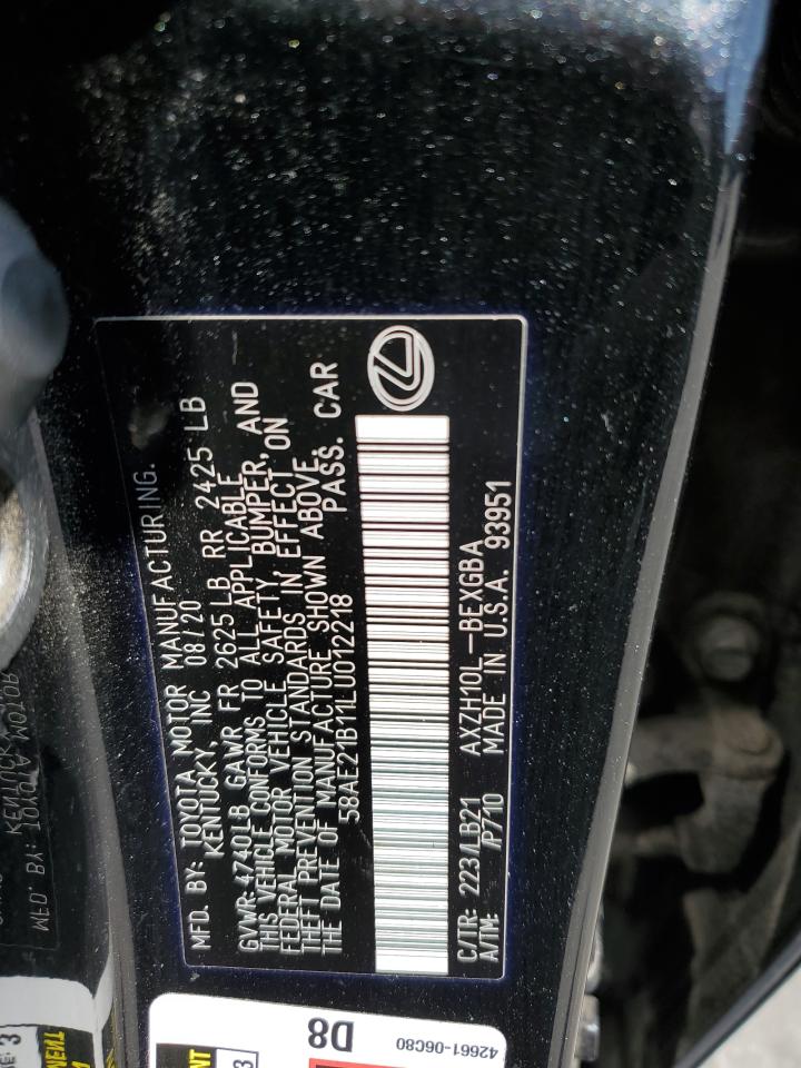 2020 Lexus Es 300H Luxury VIN: 58AE21B11LU012218 Lot: 58002735