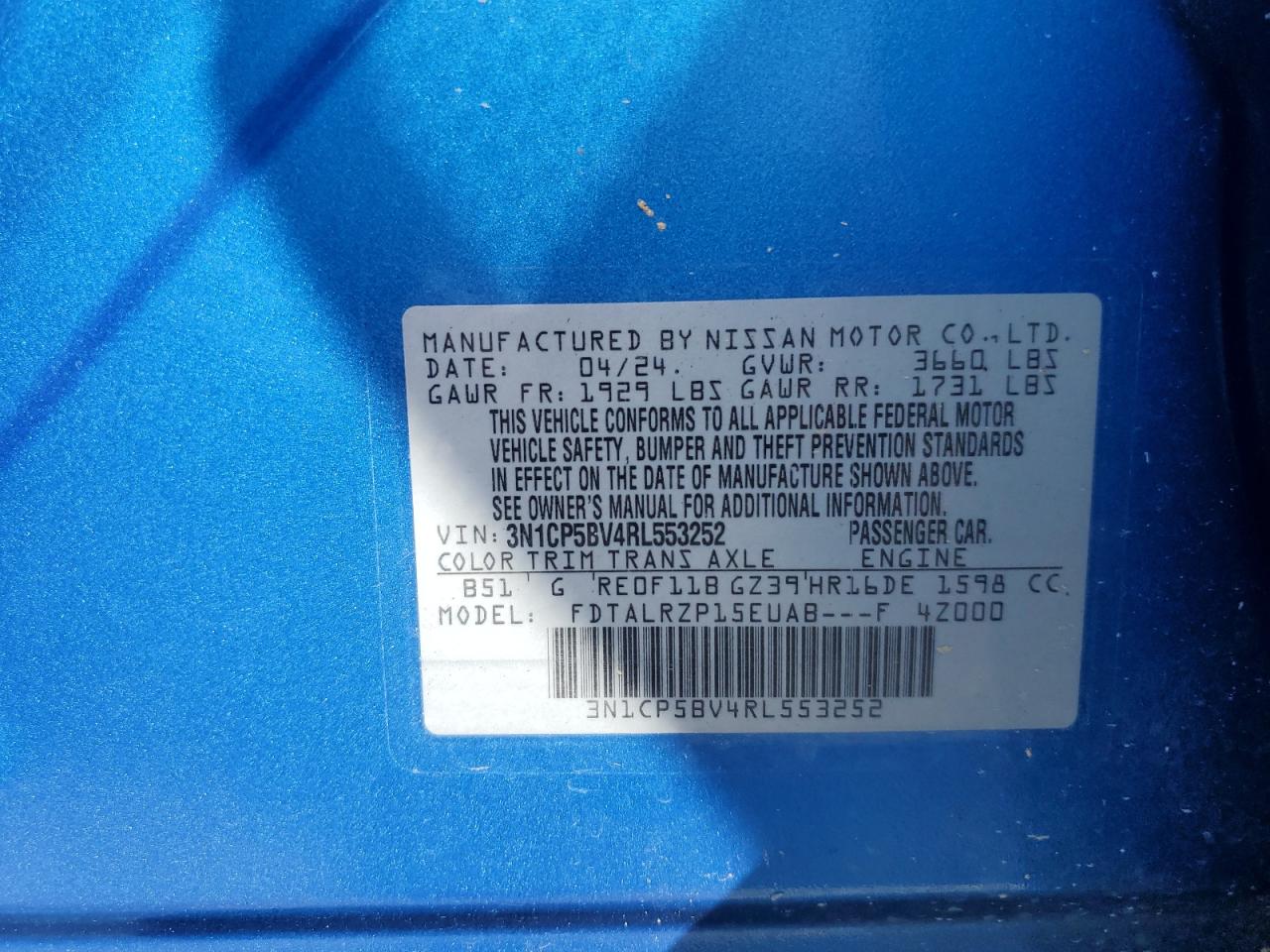 2024 Nissan Kicks S VIN: 3N1CP5BV4RL553252 Lot: 56654605