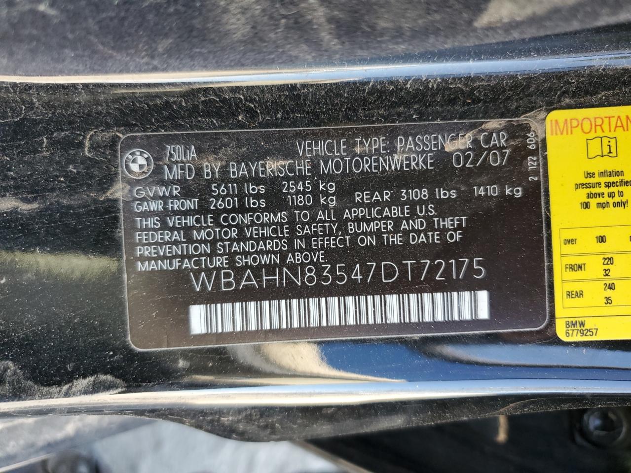 2007 BMW 750 VIN: WBAHN83547DT72175 Lot: 56912175