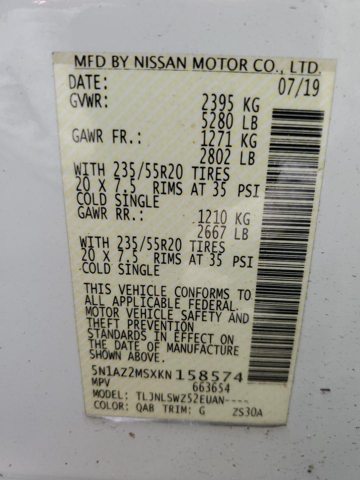 2019 Nissan Murano S VIN: 5N1AZ2MSXKN158574 Lot: 57468115