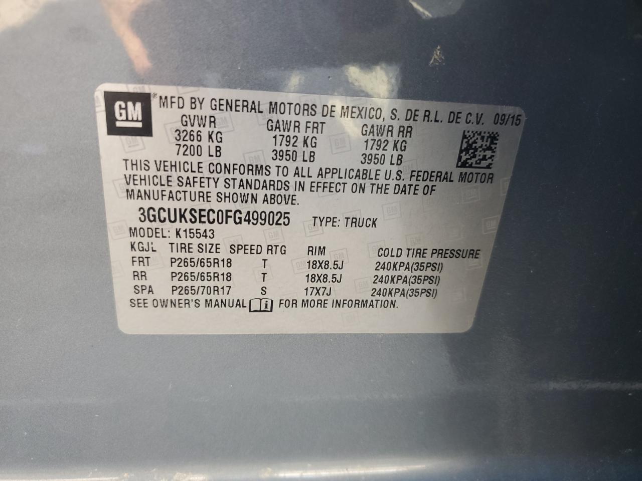 2015 Chevrolet Silverado K1500 Ltz VIN: 3GCUKSEC0FG499025 Lot: 57465265