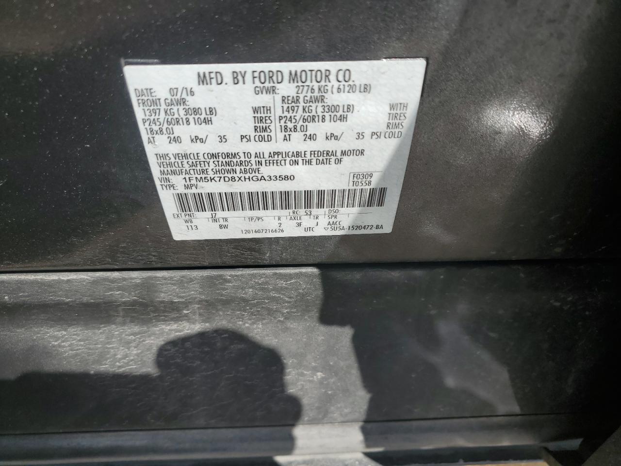 2017 Ford Explorer Xlt VIN: 1FM5K7D8XHGA33580 Lot: 56795705
