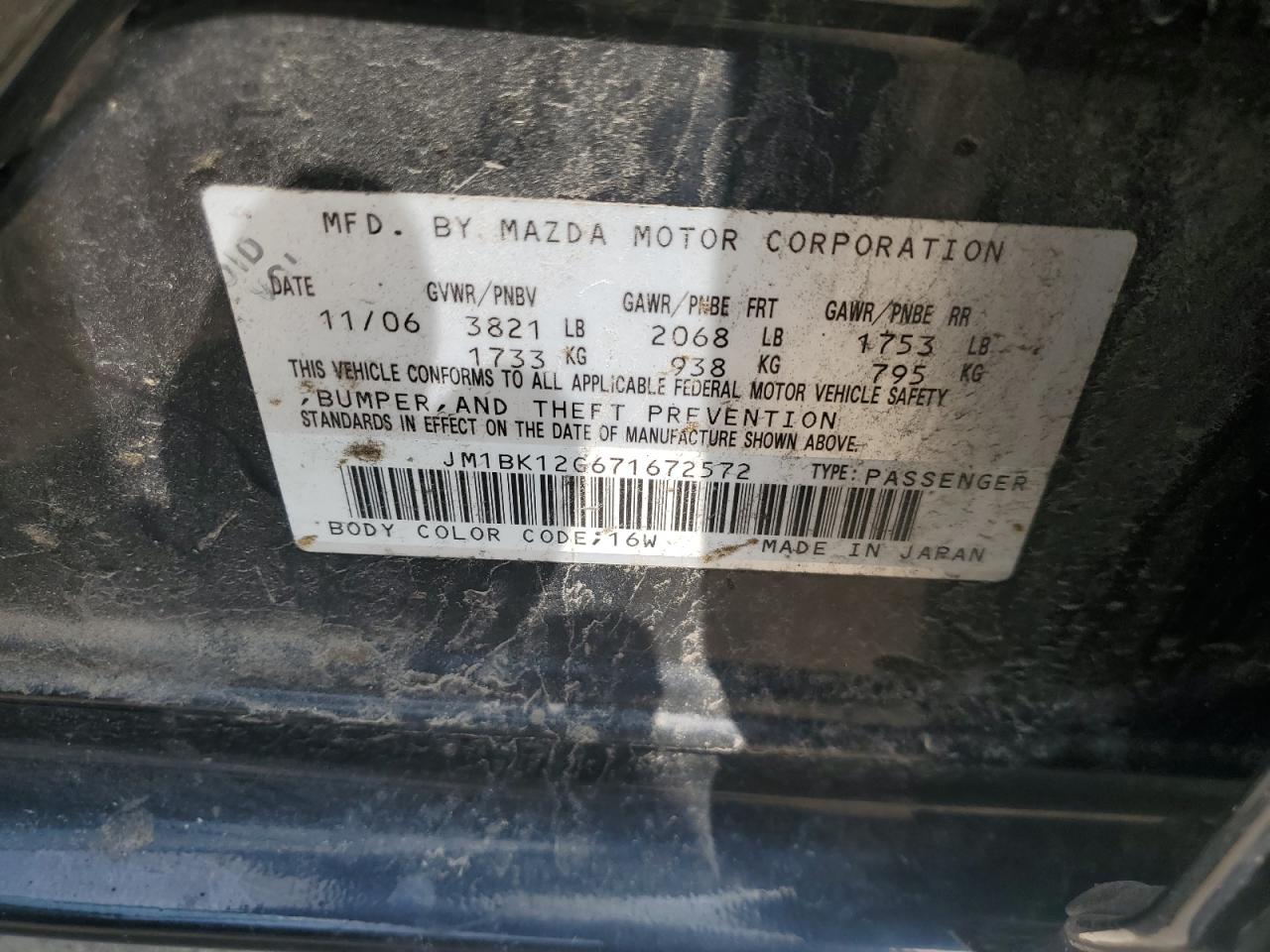 2007 Mazda 3 I VIN: JM1BK12G671672572 Lot: 56200555