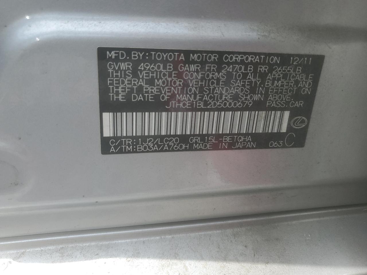 2013 Lexus Gs 350 VIN: JTHCE1BL2D5000679 Lot: 56857295