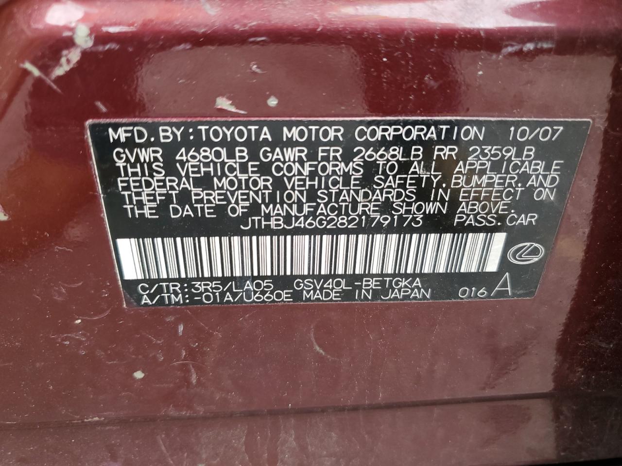 2008 Lexus Es 350 VIN: JTHBJ46G282179173 Lot: 56717845