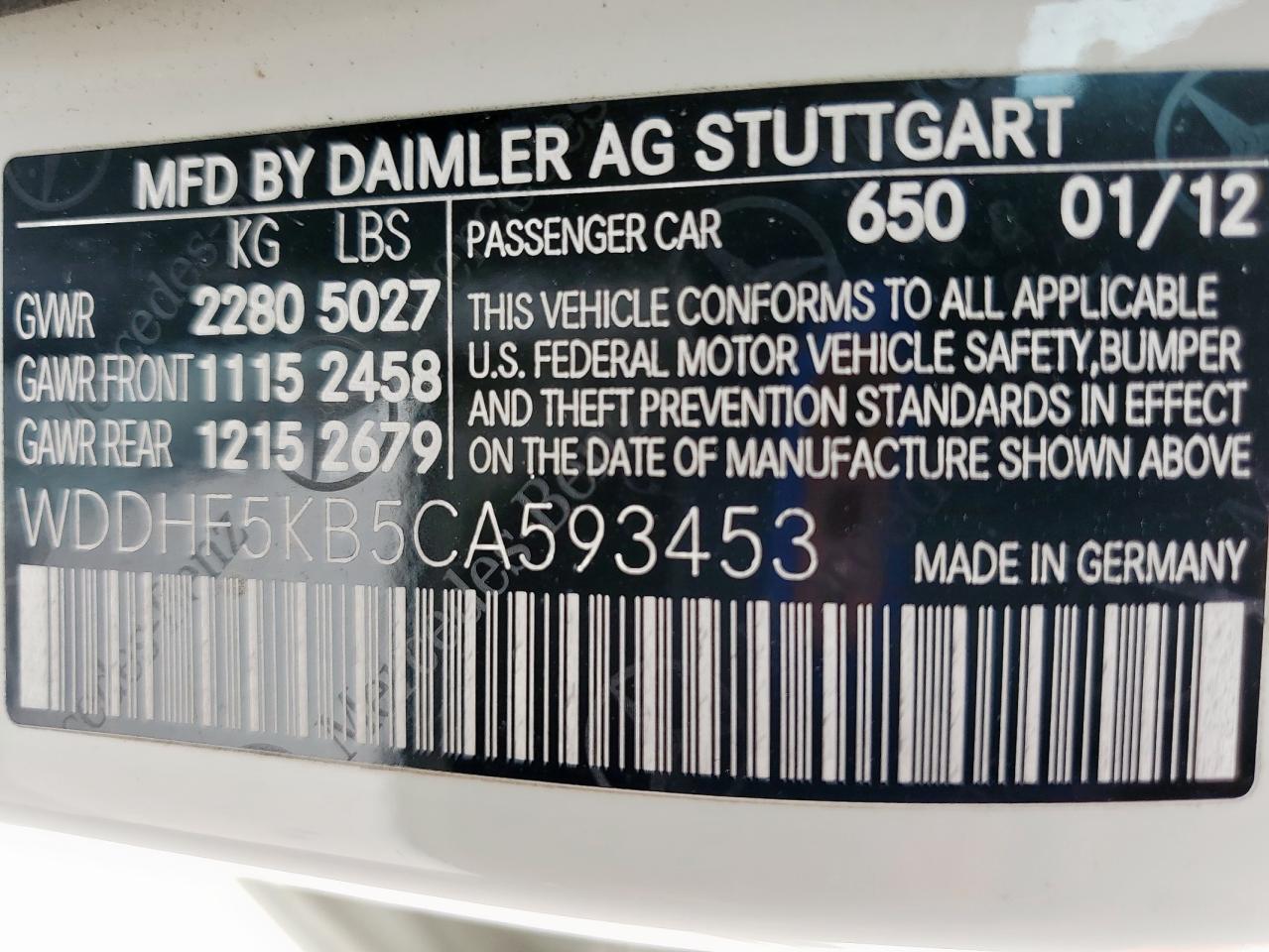 2012 Mercedes-Benz E 350 VIN: WDDHF5KB5CA593453 Lot: 56346385