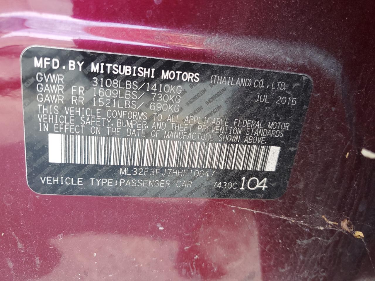 2017 Mitsubishi Mirage G4 Es VIN: ML32F3FJ7HHF10647 Lot: 56459695