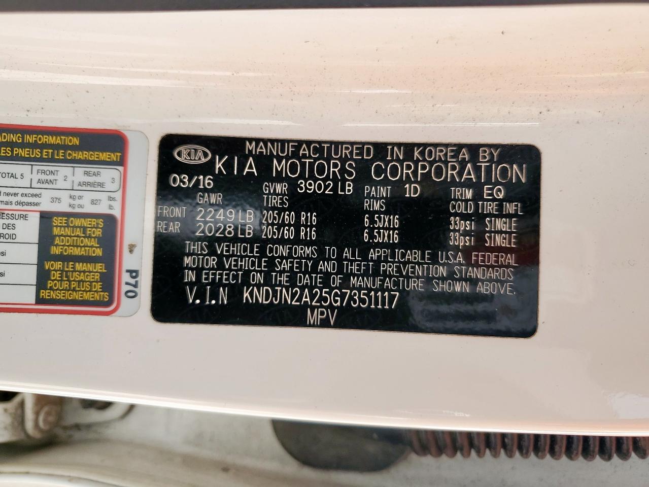 2016 Kia Soul VIN: KNDJN2A25G7351117 Lot: 57102895