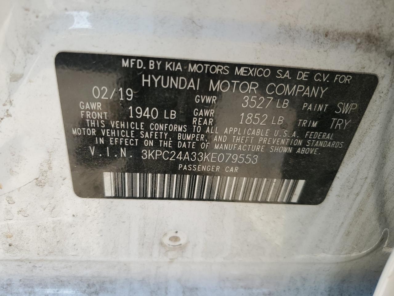 2019 Hyundai Accent Se VIN: 3KPC24A33KE079553 Lot: 58969525
