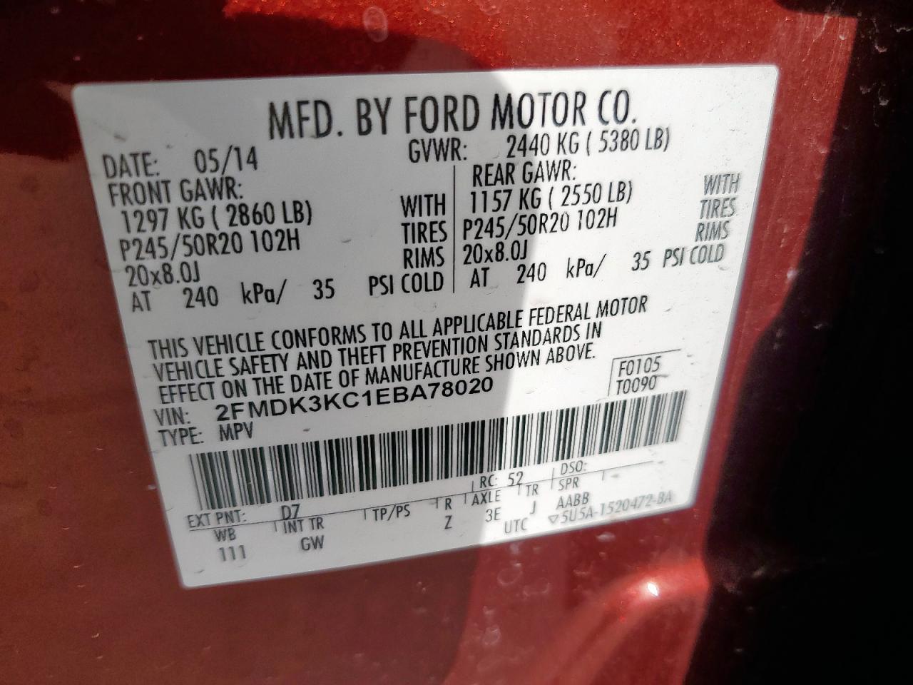 2014 Ford Edge Limited VIN: 2FMDK3KC1EBA78020 Lot: 56988895