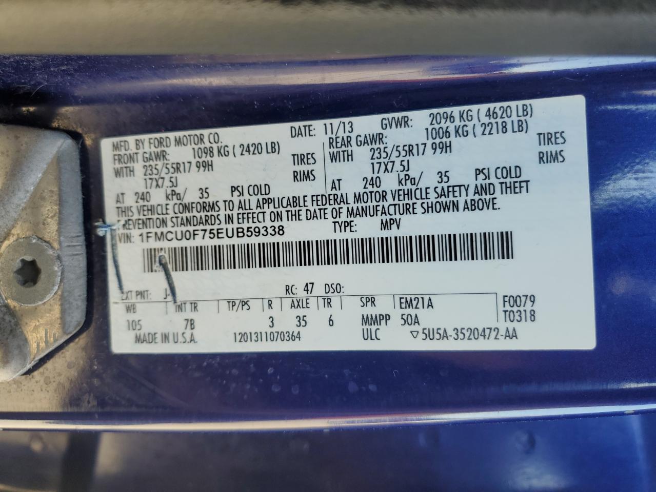2014 Ford Escape S VIN: 1FMCU0F75EUB59338 Lot: 57453685