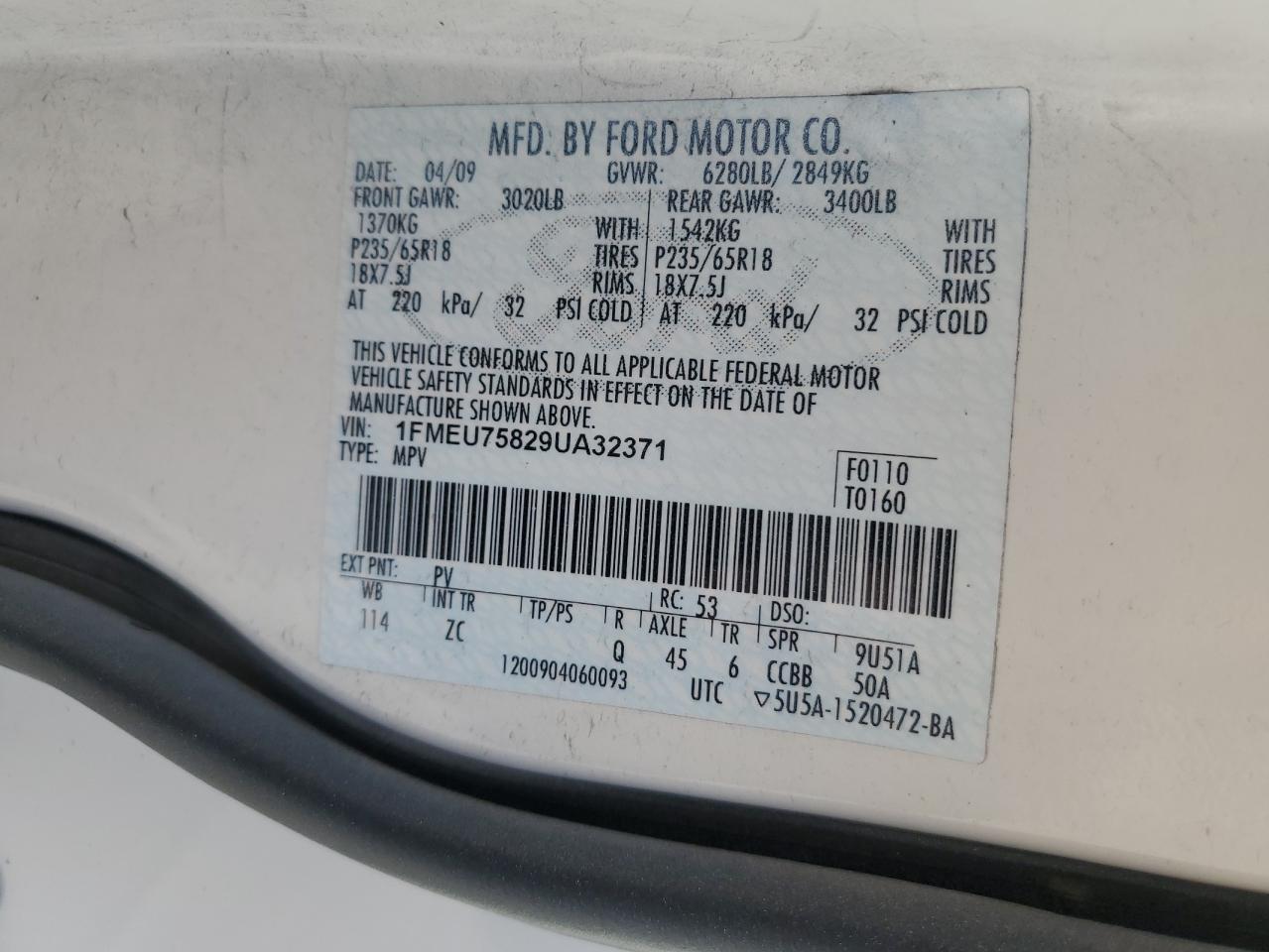 2009 Ford Explorer Limited VIN: 1FMEU75829UA32371 Lot: 56566685
