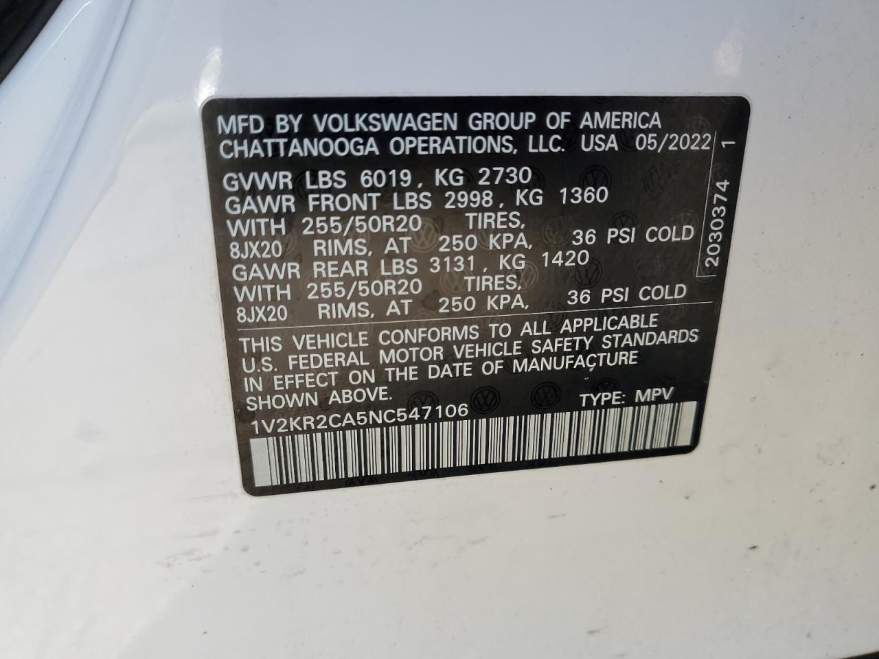 2022 Volkswagen Atlas Se VIN: 1V2KR2CA5NC547106 Lot: 57410145