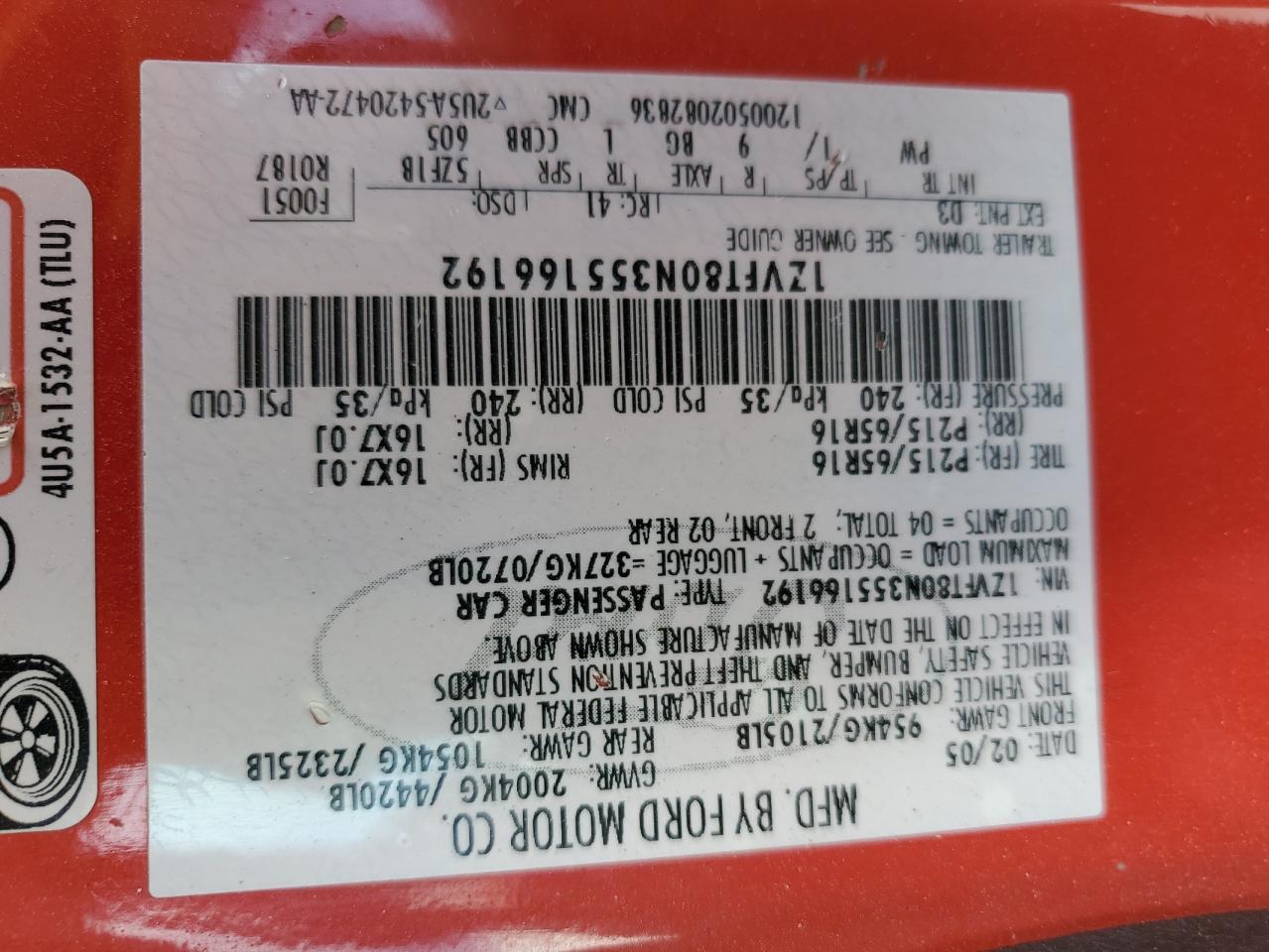 2005 Ford Mustang VIN: 1ZVFT80N355166192 Lot: 64968905